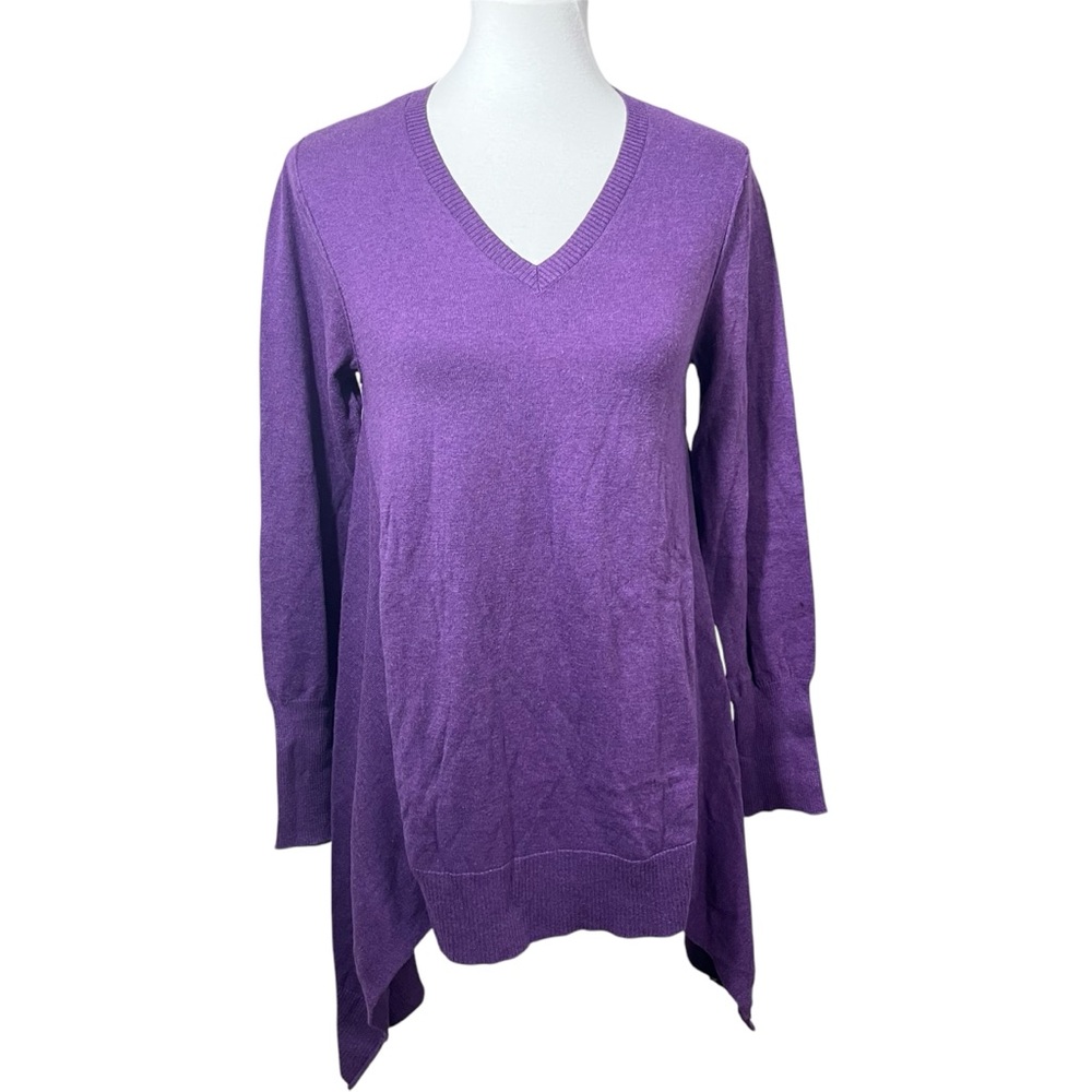 Lori Goldstein LOGO Purple Cotton Cashmere Sweater XS Asymmetrical Hem V-Neck